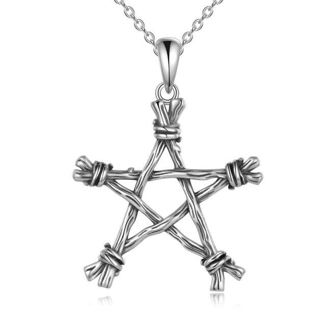 Sterling Silver Pentagram & Witch Pendant Necklace-0