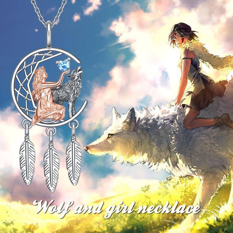 Sterling Silver Two-tone Heart Shaped Wolf & Dream Catcher & Moon Pendant Necklace-6