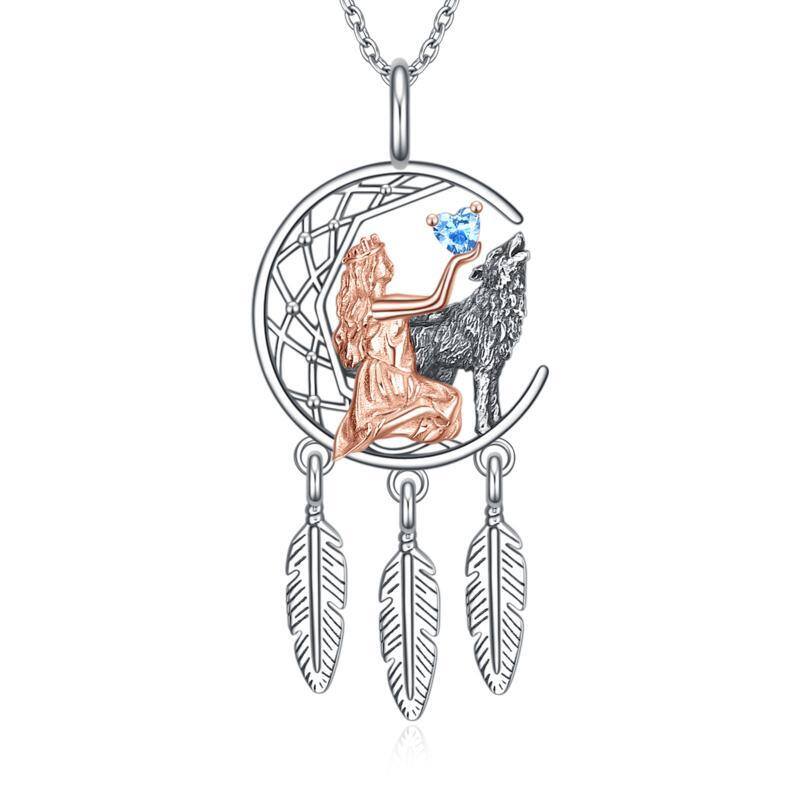 Sterling Silver Two-tone Heart Shaped Wolf & Dream Catcher & Moon Pendant Necklace-1