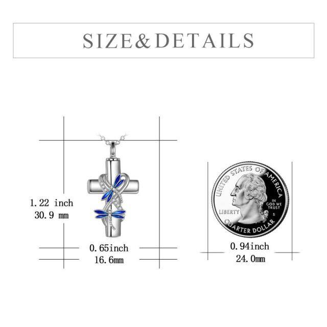 Sterling Silver Round Zircon Dragonfly & Cross Urn Necklace for Ashes with Engraved Word-4