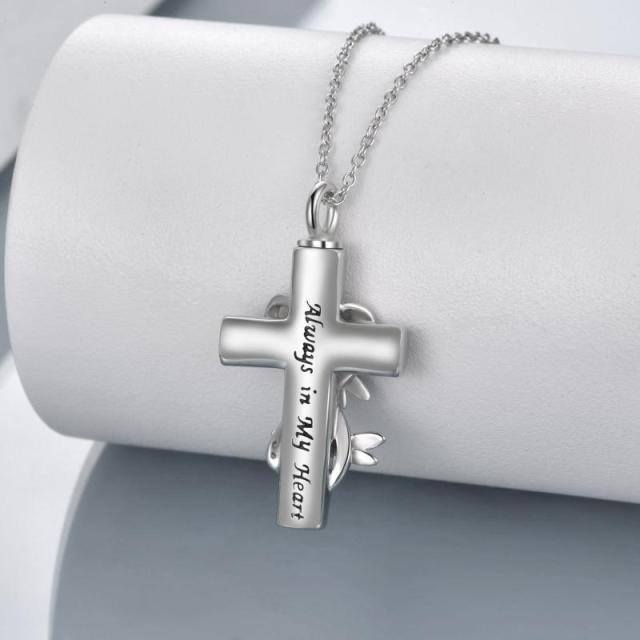 Sterling Silver Round Zircon Dragonfly & Cross Urn Necklace for Ashes with Engraved Word-3