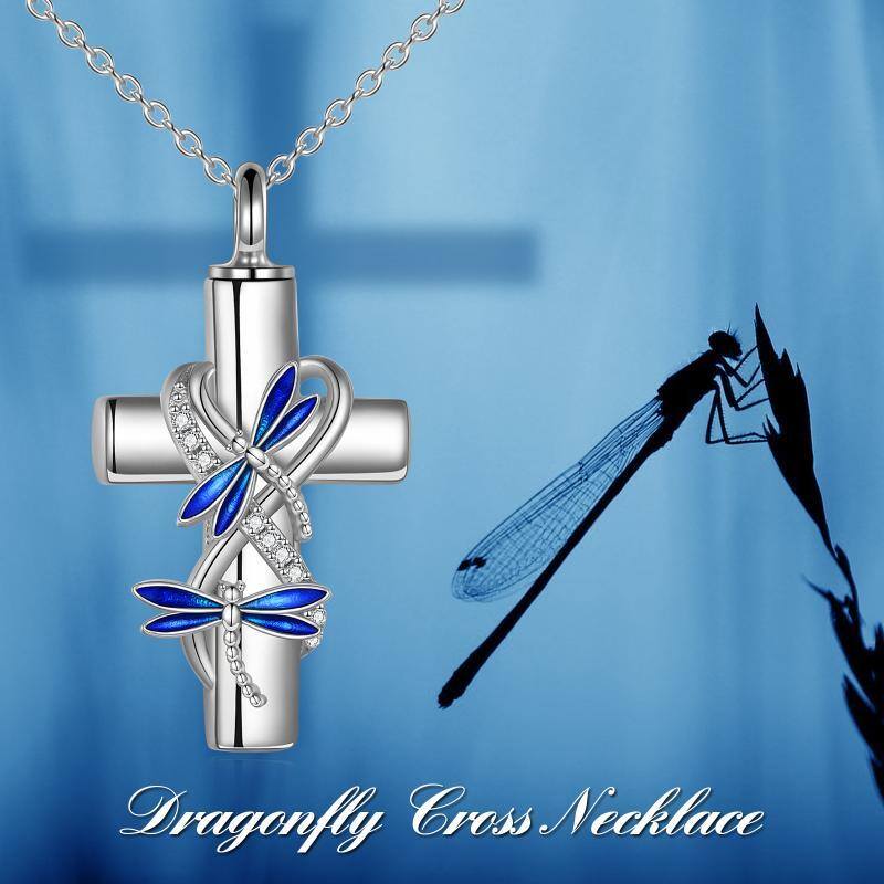 Sterling Silver Round Zircon Dragonfly & Cross Urn Necklace for Ashes with Engraved Word-6