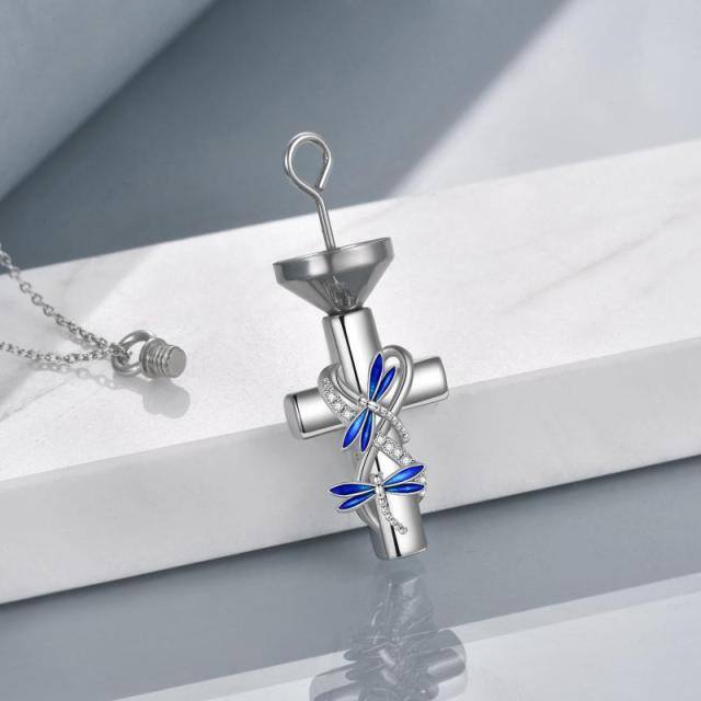 Sterling Silver Round Zircon Dragonfly & Cross Urn Necklace for Ashes with Engraved Word-2