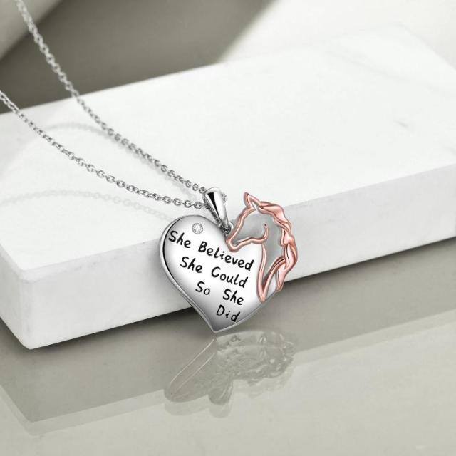 Sterling Silver Two-tone Round Horse Pendant Necklace with Engraved Word-2
