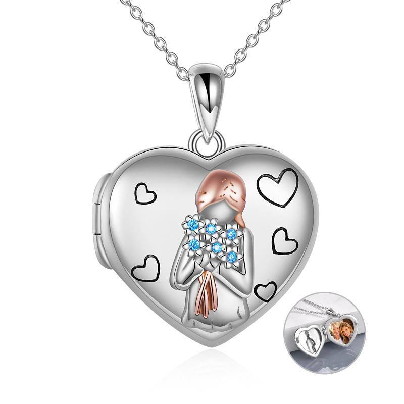 Sterling Silver Two-tone Circular Shaped Cubic Zirconia Personalized Photo & Heart Personalized Photo Locket Necklace-1
