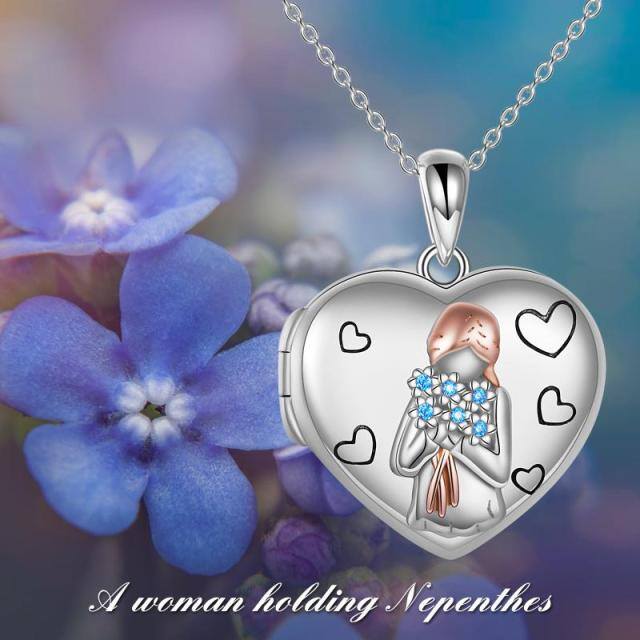 Sterling Silver Two-tone Circular Shaped Cubic Zirconia Personalized Photo & Heart Personalized Photo Locket Necklace-4
