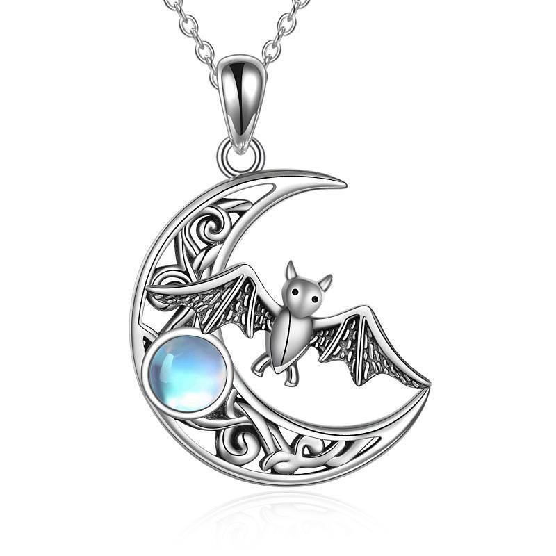 Sterling Silver Moonstone Bat & Celtic Knot & Moon Pendant Necklace-1