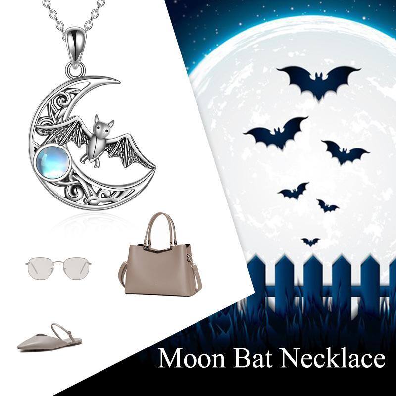 Sterling Silver Moonstone Bat & Celtic Knot & Moon Pendant Necklace-5