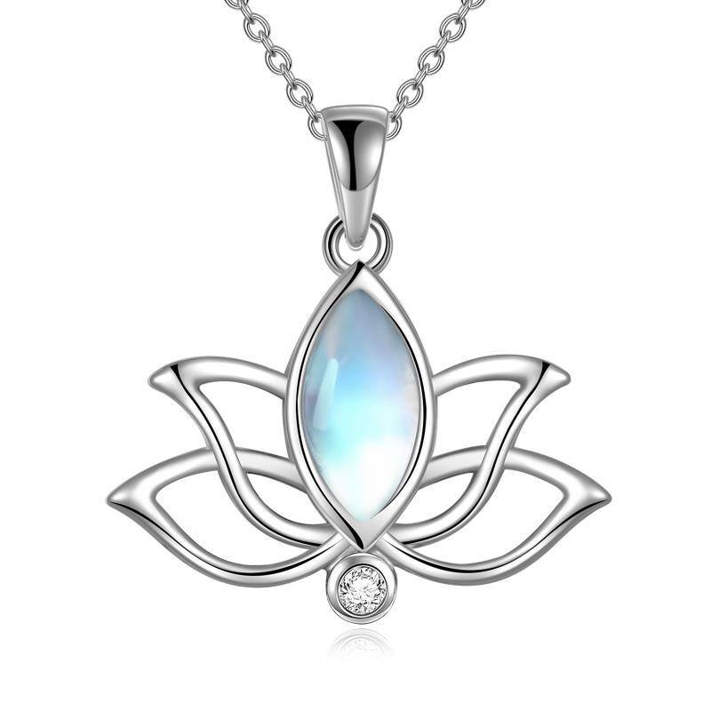 Sterling Silver Oval Moonstone Lotus Pendant Necklace-1