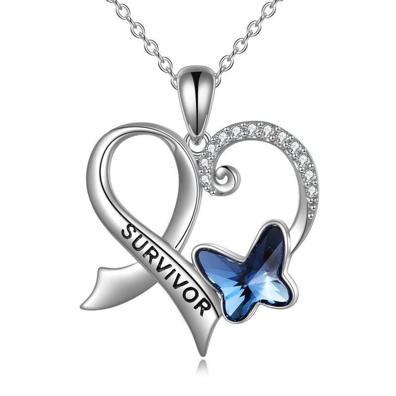 Sterling Silver Crystal Butterfly & Heart Pendant Necklace-1