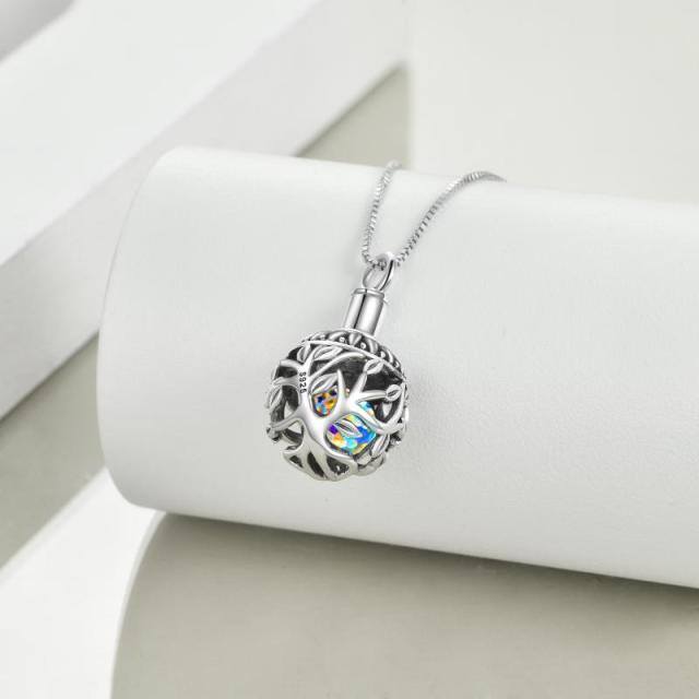 Sterling Silber rund geformt Kristall Baum des Lebens Ball Medaillon Urne Halskette für Asche-3