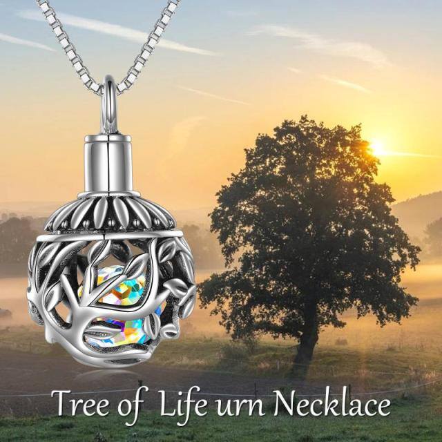 Sterling Silver Round Shaped Crystal Tree Of Life Ball Locket Urn Necklace for Ashes-4