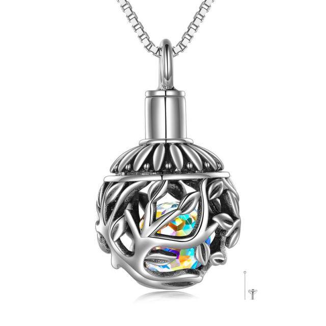 Sterling Silver Round Shaped Crystal Tree Of Life Ball Locket Urn Necklace for Ashes-0