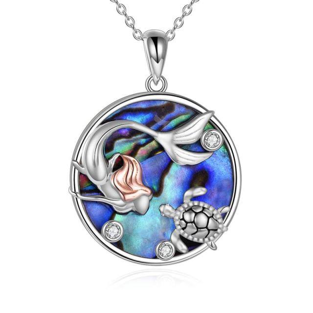 Sterling Silver Two-tone Abalone Shellfish & Cubic Zirconia Mermaid Pendant Necklace-1