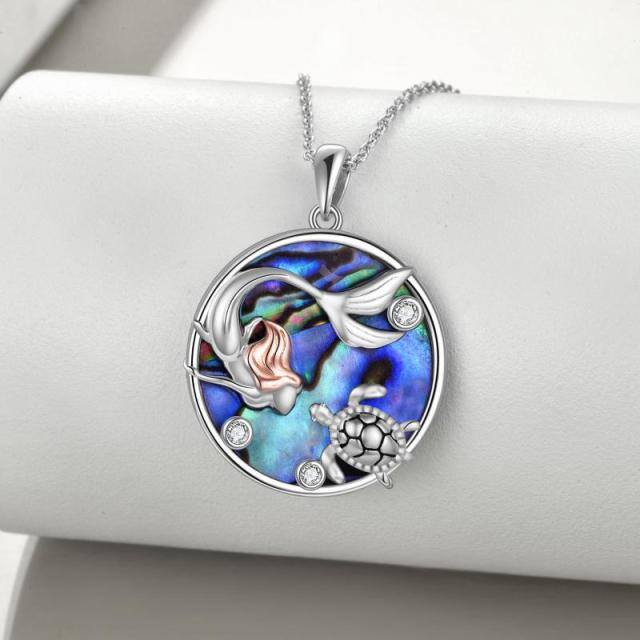 Sterling Silver Two-tone Abalone Shellfish & Cubic Zirconia Mermaid Pendant Necklace-3