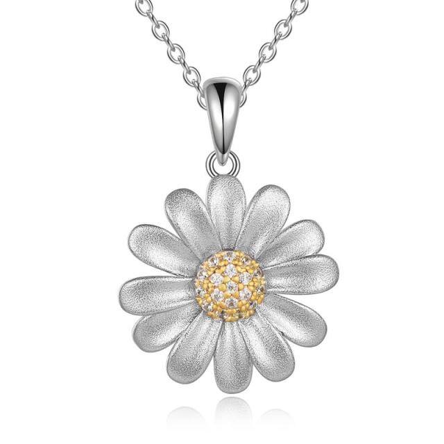 Sterling Silver Two-tone Cubic Zirconia Daisy Pendant Necklace-5