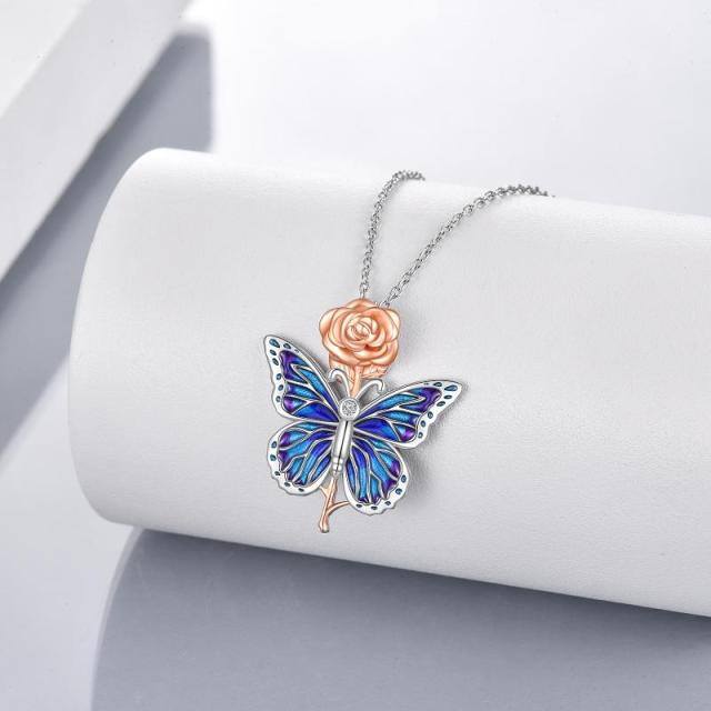 Sterling Silver Butterfly & Rose Pendant Necklace-4