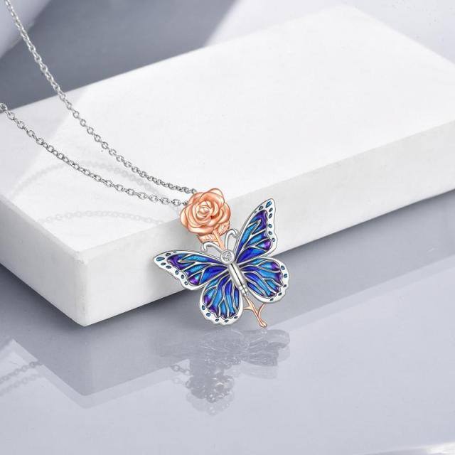 Sterling Silver Butterfly & Rose Pendant Necklace-3
