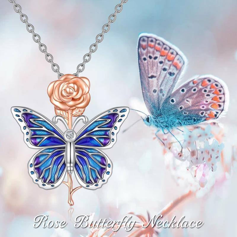 Sterling Silver Butterfly & Rose Pendant Necklace-6