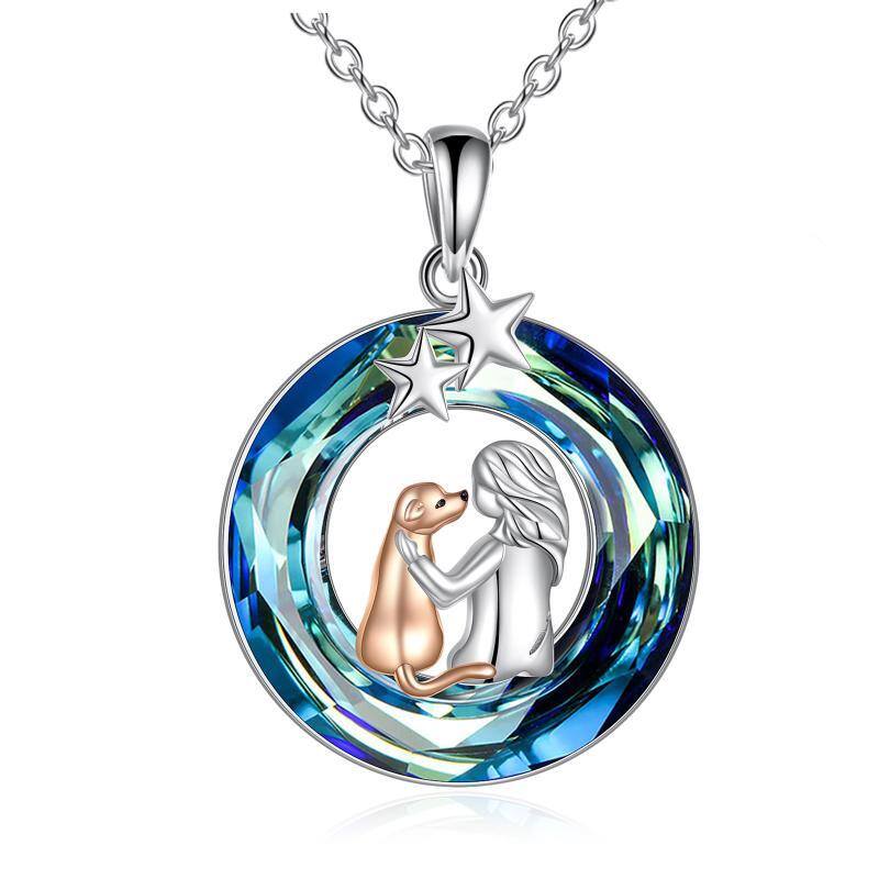 Sterling Silver Two-tone Dog & Star Crystal Pendant Necklace-1