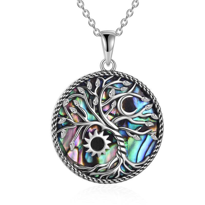 Sterling Silver Abalone Shellfish Tree Of Life & Moon & Sun Pendant Necklace-1