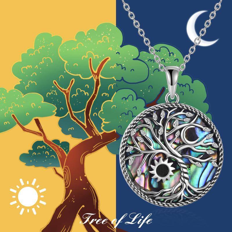 Sterling Silver Abalone Shellfish Tree Of Life & Moon & Sun Pendant Necklace-6
