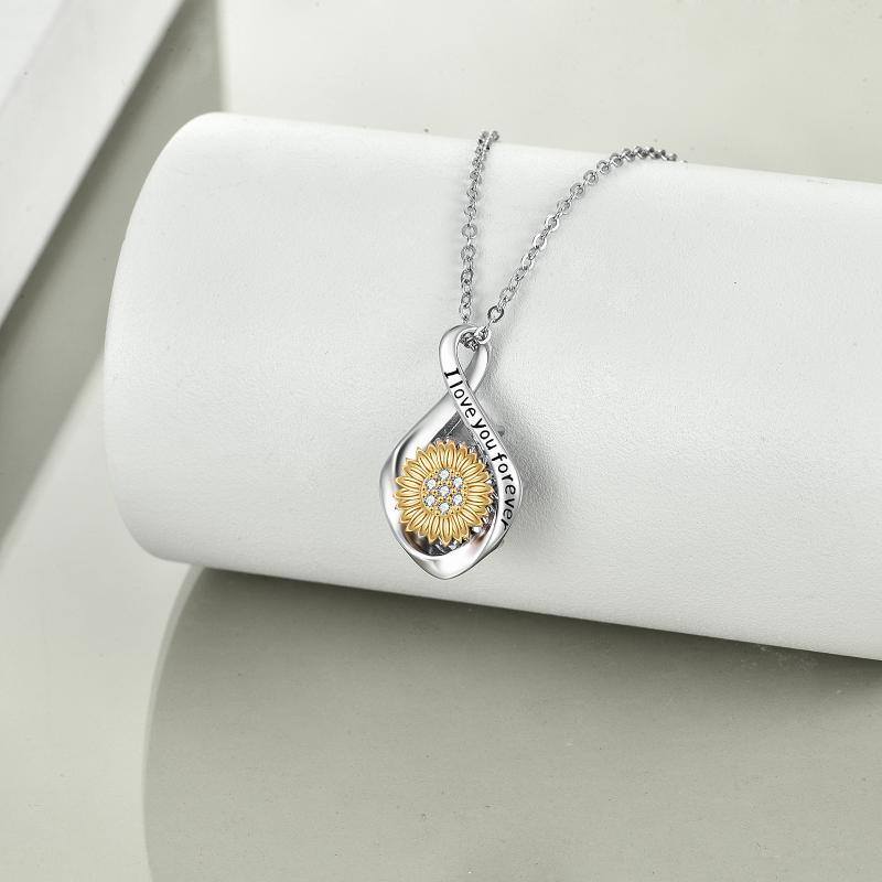 Sterling Silver Two-tone Circular Shaped Cubic Zirconia Sunflower Urn Necklace for Ashes with Engraved Word-3