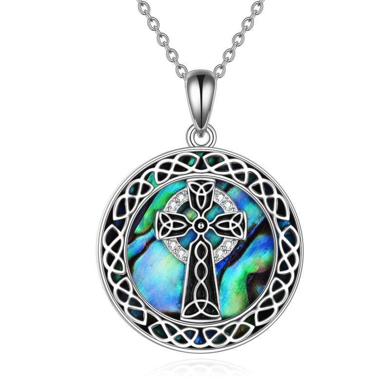 Sterling Silver Abalone Shellfish Celtic Knot & Cross Pendant Necklace-1