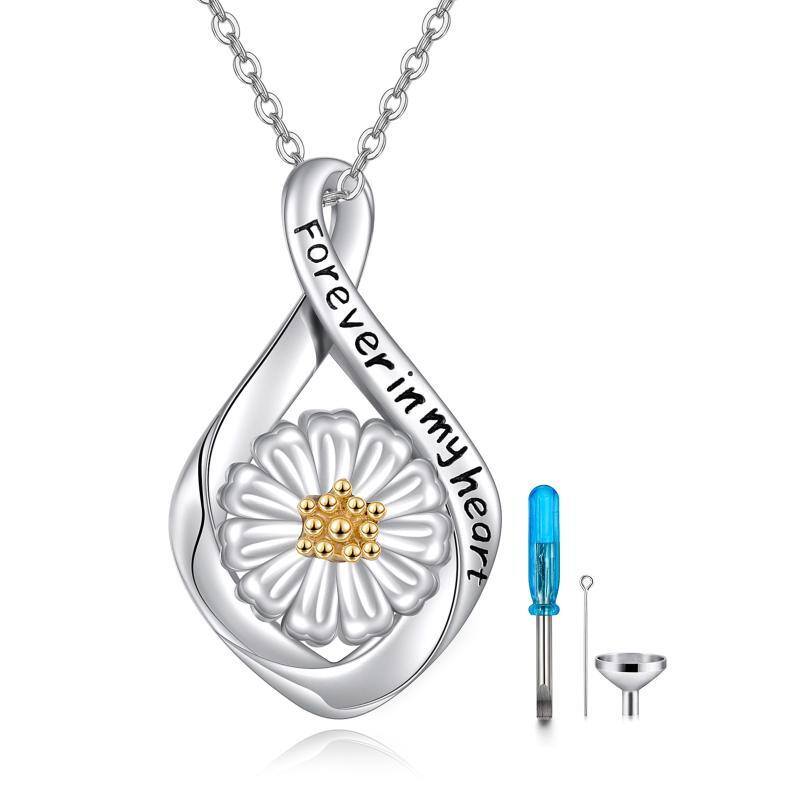 Sterling Silver Two-tone Daisy & Infinity Symbol Urn Necklace for Ashes with Engraved Word-1