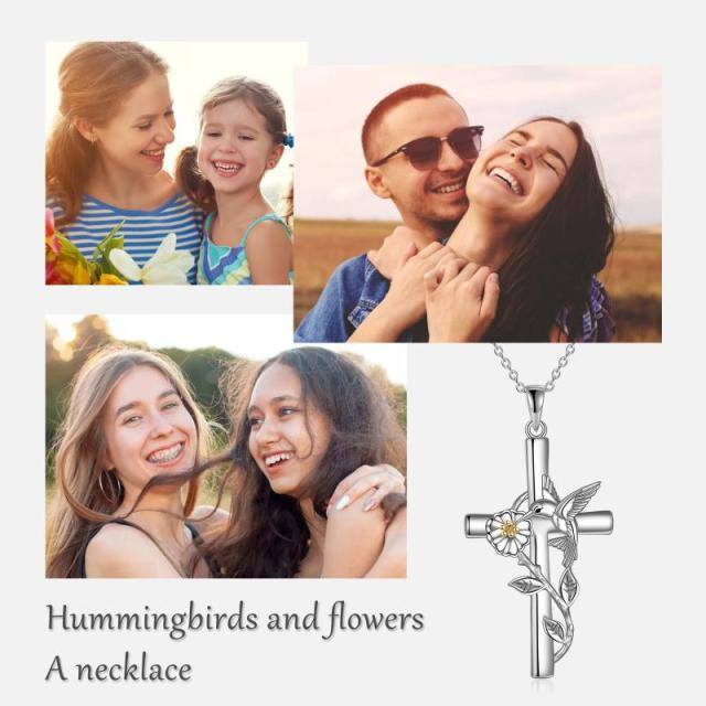 Sterling Silver Two-tone Hummingbird & Cross Pendant Necklace-2