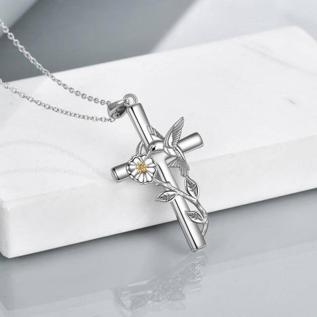 Sterling Silver Two-tone Hummingbird & Cross Pendant Necklace-4