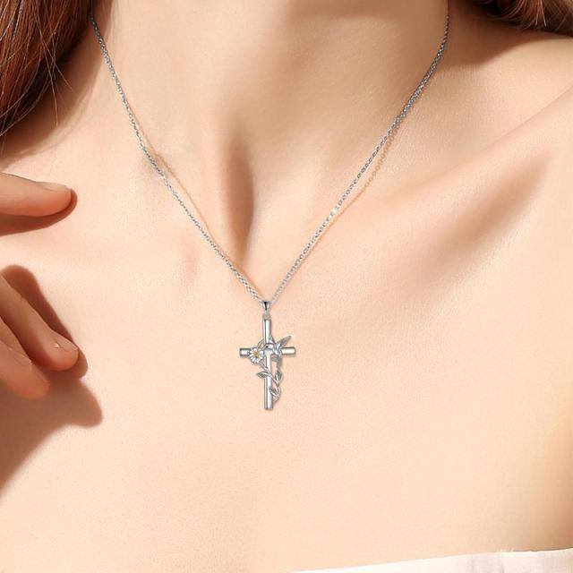 Sterling Silver Two-tone Hummingbird & Cross Pendant Necklace-1