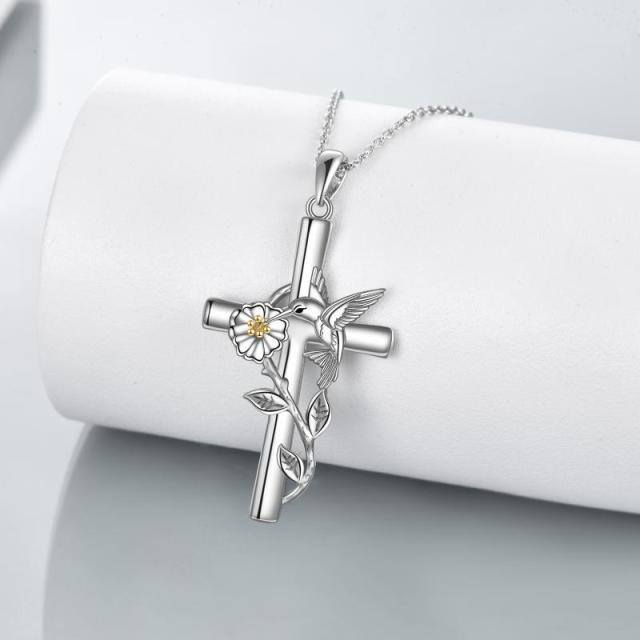 Sterling Silver Two-tone Hummingbird & Cross Pendant Necklace-3