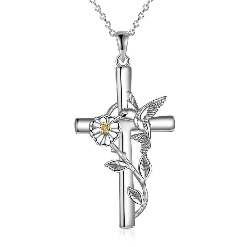 Sterling Silver Two-tone Hummingbird & Cross Pendant Necklace-1