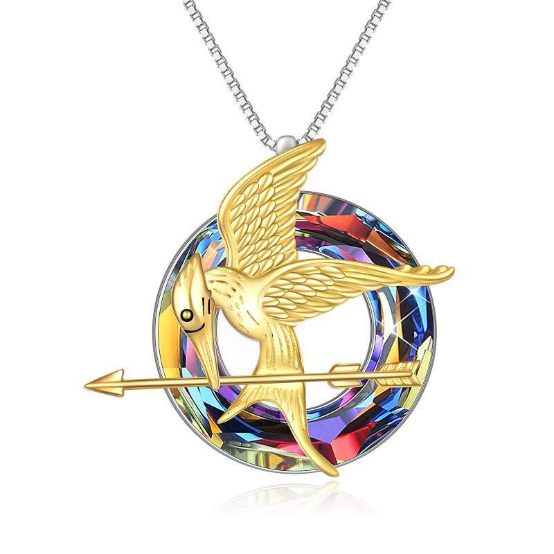 Sterling Silver with Yellow Gold Plated Circular Shaped Bird Crystal Pendant Necklace-1