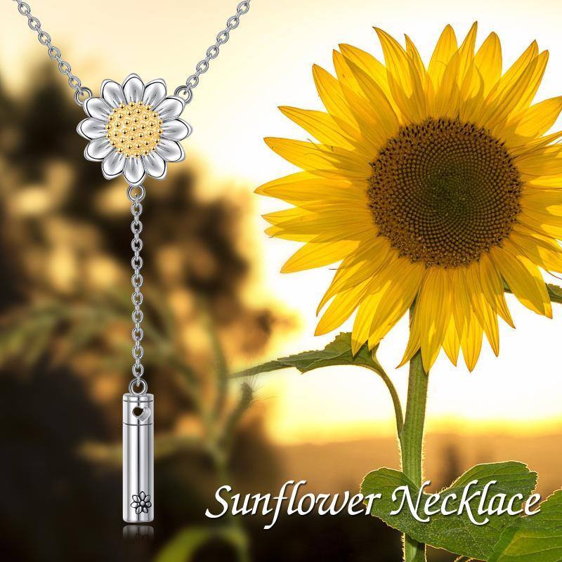 Sterling Silber zweifarbige Sonnenblume & vertikale Bar Urne Halskette für Asche-5