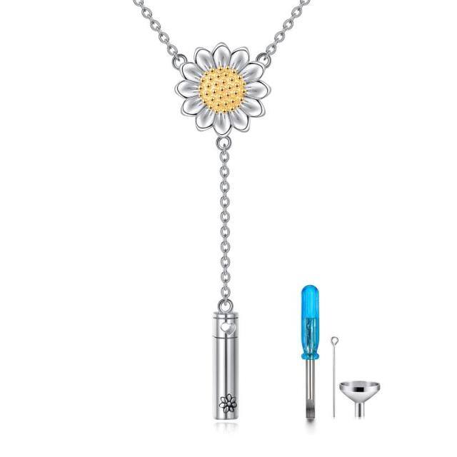 Collana per urne in argento sterling bicolore con girasole e barra verticale per le ceneri-1