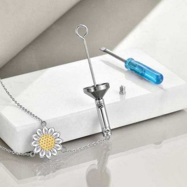 Collana per urne in argento sterling bicolore con girasole e barra verticale per le ceneri-2