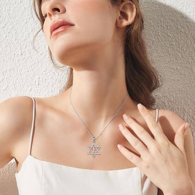 Sterling Silver Two-tone Cross & Star Of David Pendant Necklace-1