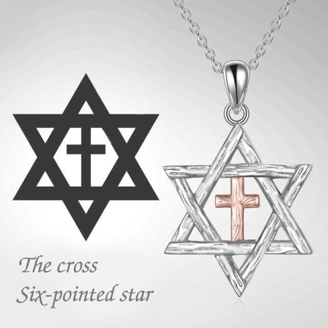 Colar de prata esterlina com pingente de cruz e estrela de David em dois tons-4