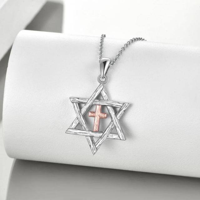 Sterling Silver Two-tone Cross & Star Of David Pendant Necklace-2