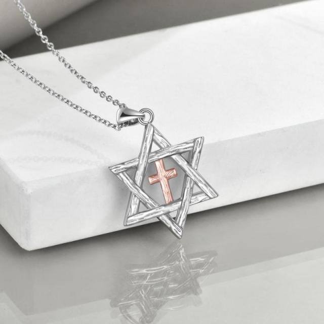 Sterling Silver Two-tone Cross & Star Of David Pendant Necklace-3