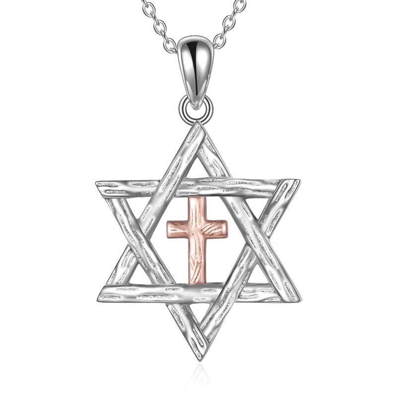 Sterling Silver Two-tone Cross & Star Of David Pendant Necklace-1