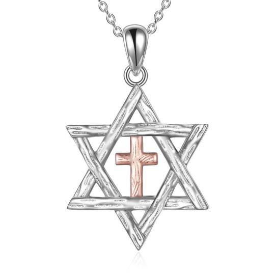 Colar de prata esterlina com pingente de cruz e estrela de David em dois tons