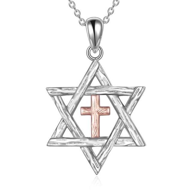 Sterling Silver Two-tone Cross & Star Of David Pendant Necklace-0