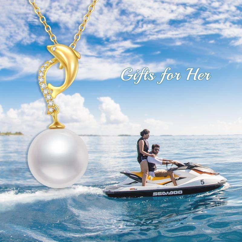 14K Gold Circular Shaped Pearl Dolphin Pendant Necklace-5