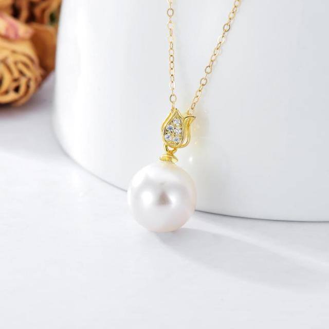 14K Gold Moissanite & Pearl Round Pendant Necklace-2