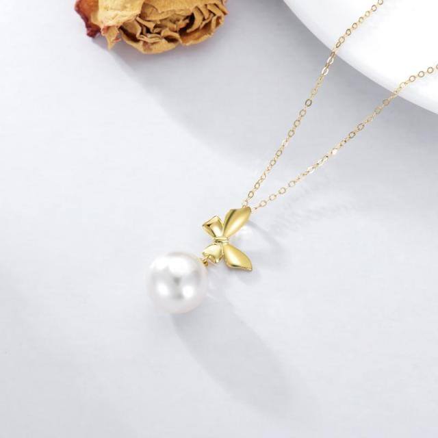 14K Gold Circular Shaped Pearl Bow Pendant Necklace-3