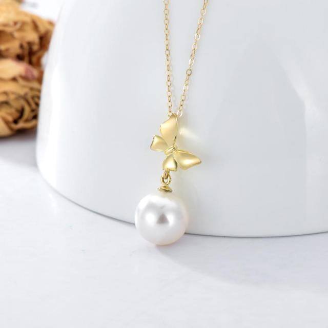 14K Gold Circular Shaped Pearl Bow Pendant Necklace-2