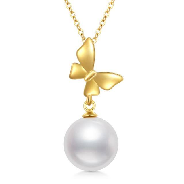 14K Gold Circular Shaped Pearl Bow Pendant Necklace-0